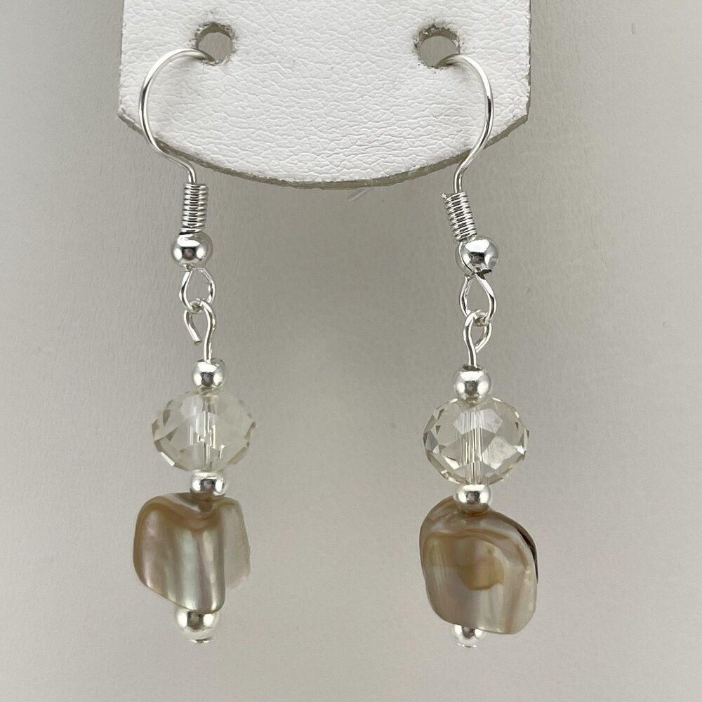 Artisan Handmade White Glass Mother of Pearl Beaded Dangle Earrings Silver Tone